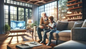 grandfather and niece learning with a tablet