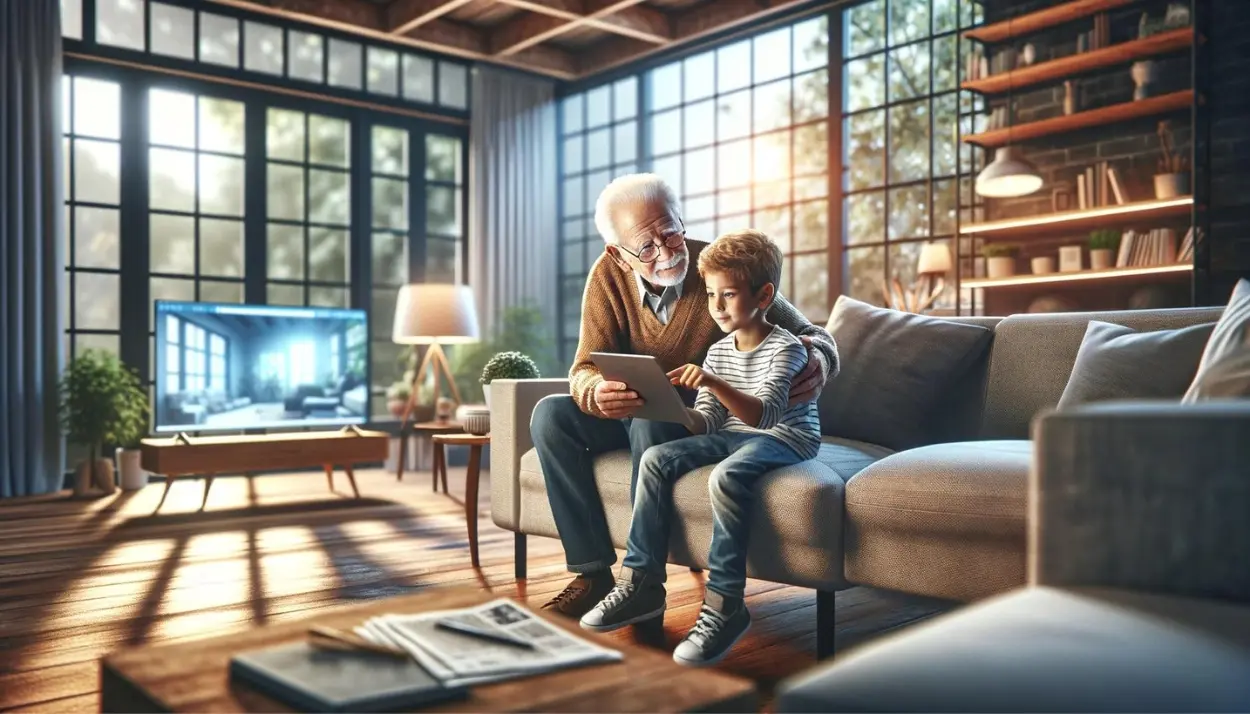 grandfather and niece learning with a tablet