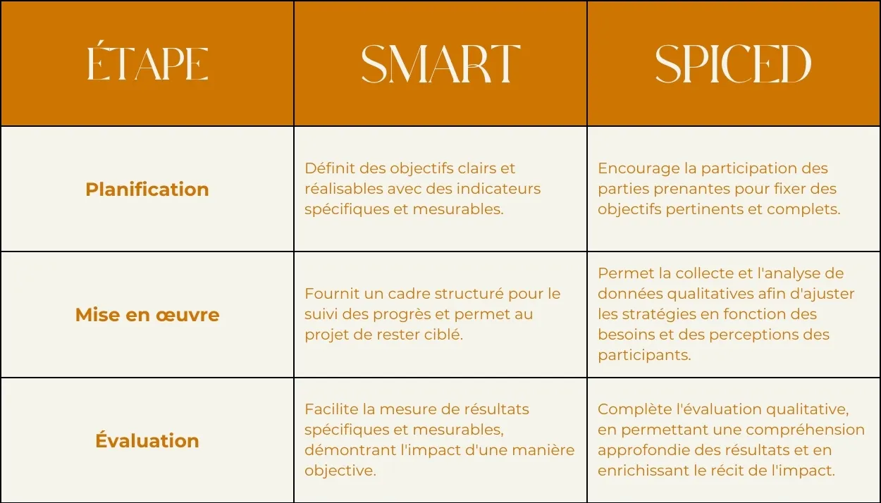table with differences between smart and spiced objectives for development projects