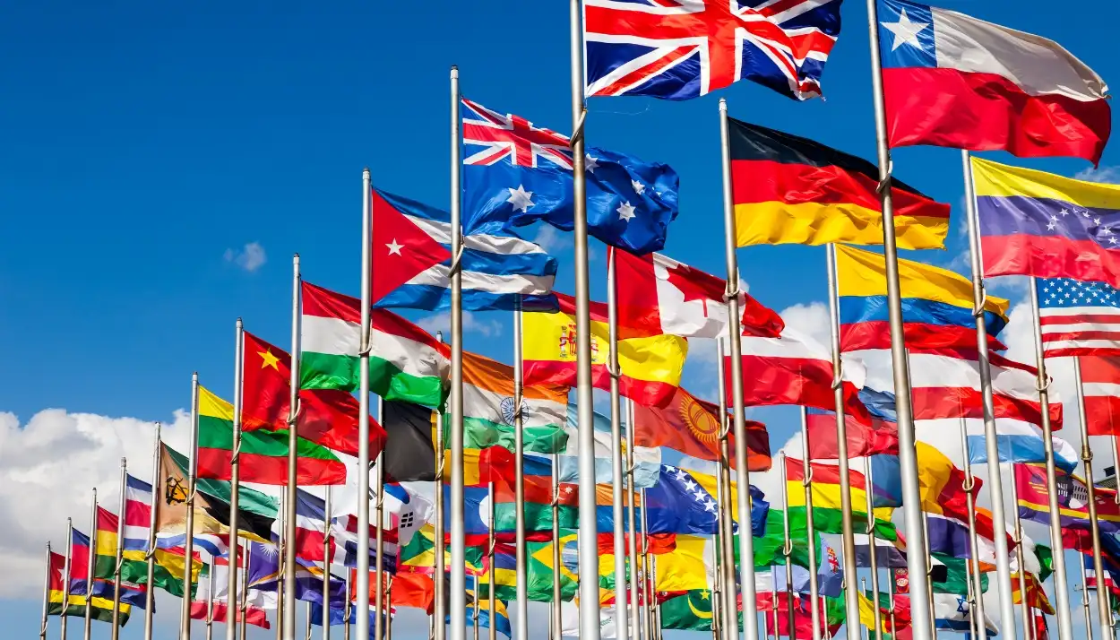 different countries flags waving