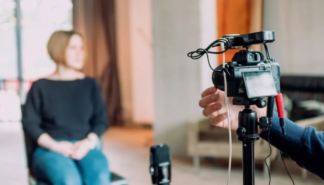 people in a room recording a documentary, with the camera in front view