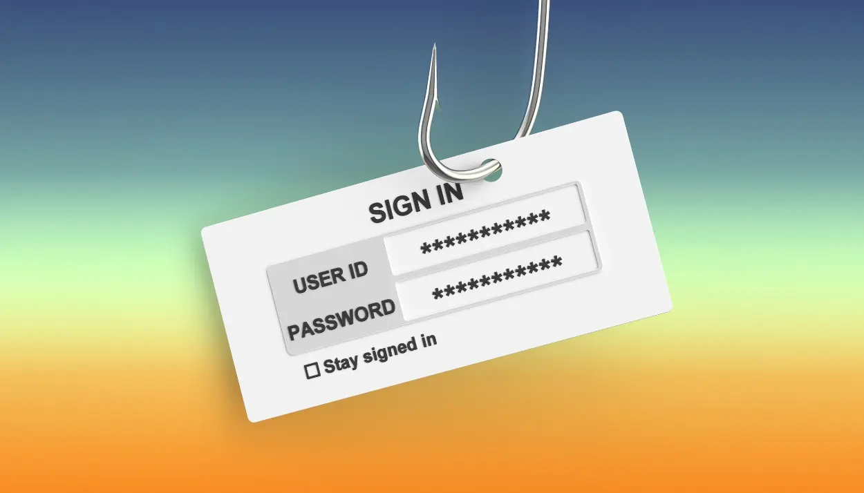 A username and password fill fields, simulating a fraude act of phishing
