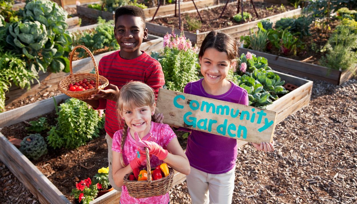 children in an urban garden showing the vegetables they have harvested, to show the power of storydoing.