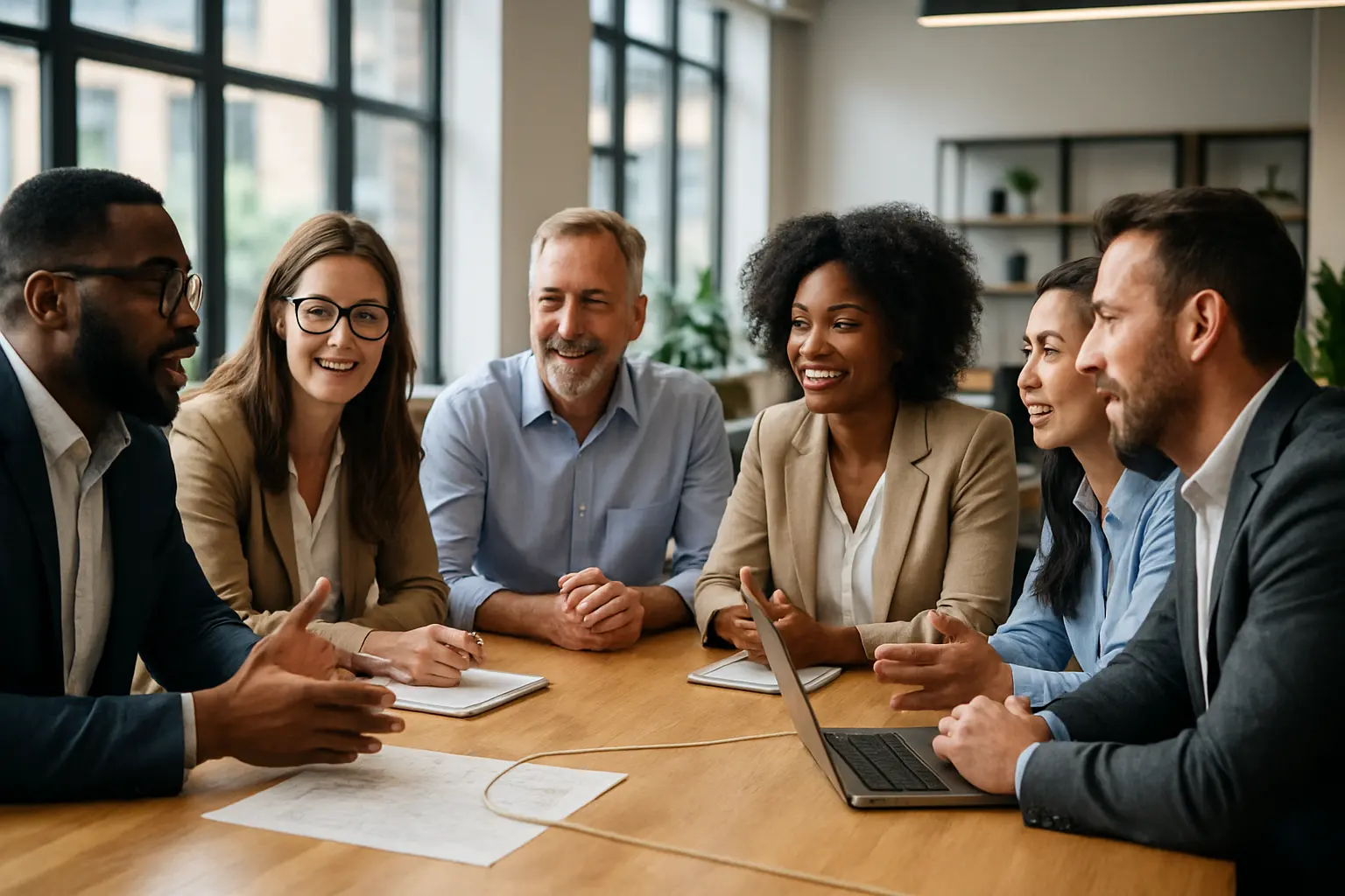 Diverse professionals in a sunlit coworking space around a large table, demonstrating collaborative, value-led communication.