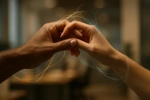 Diverse hands interlaced, glowing gold and pale-blue threads symbolising trust and values-driven communication.