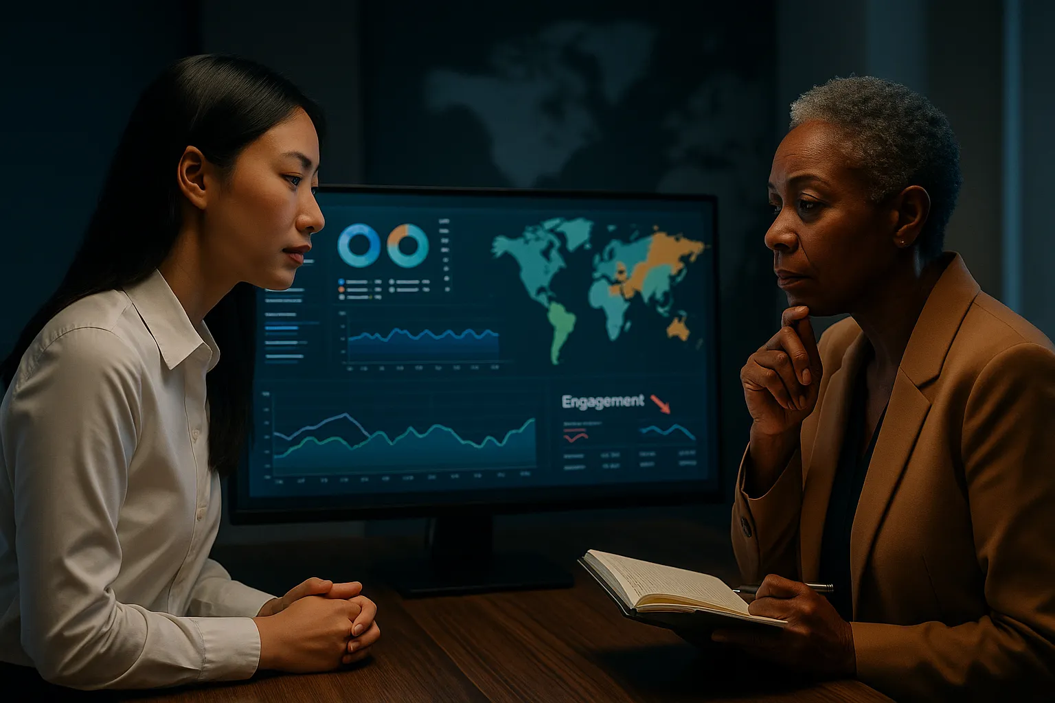 Two professional women analysing data dashboards in a strategic communication meeting, representing human judgement in AI-enhanced decision making
