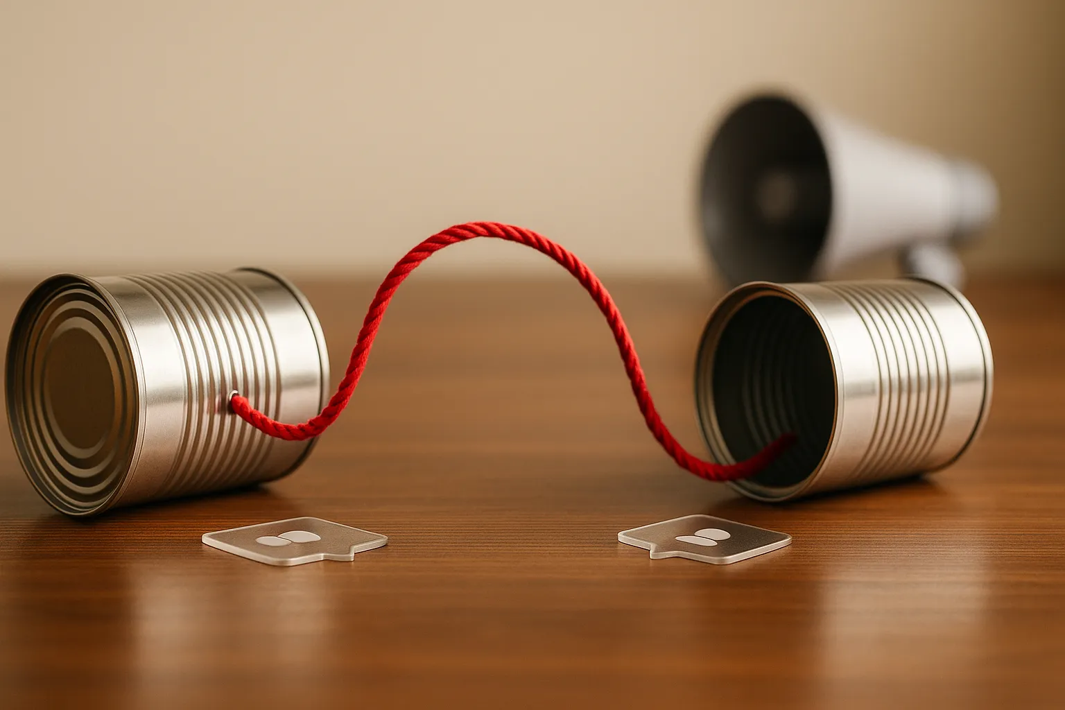 Two tin cans linked by a red cord forming an arc; blurred megaphone in background.