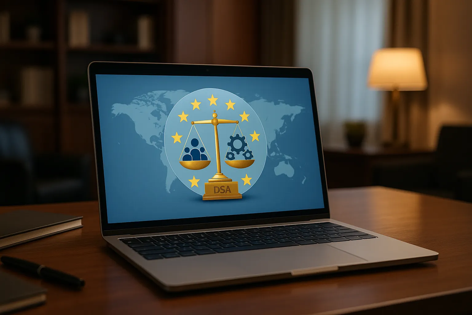 Laptop showing balanced scales with user icons and gears encircled by EU stars, symbolising the Digital Services Act.