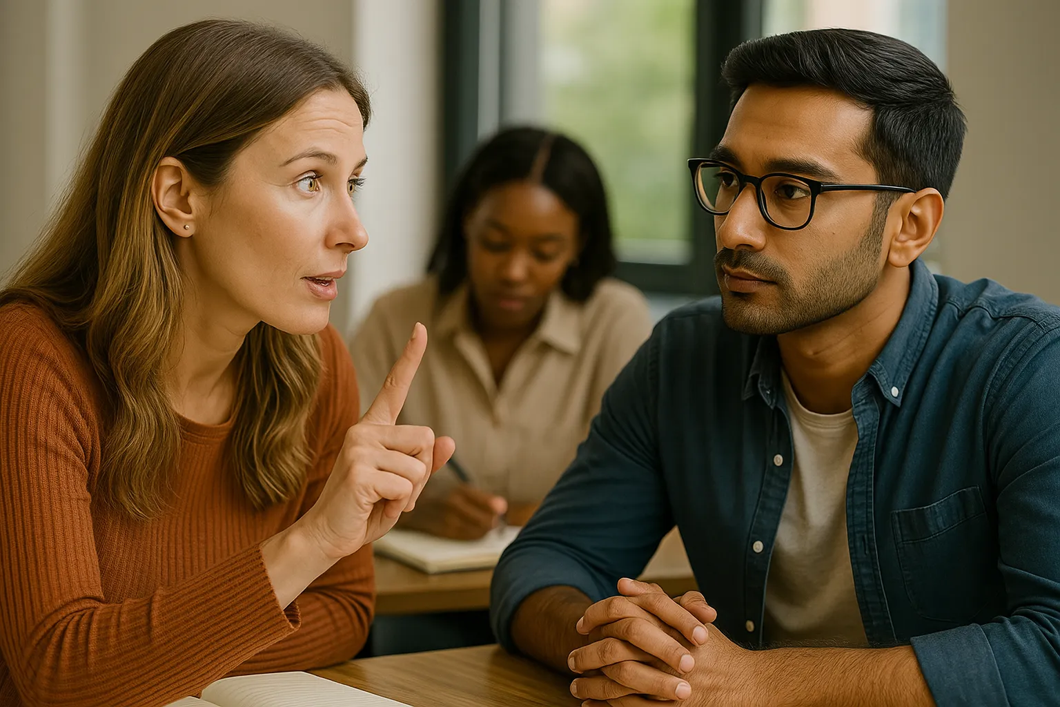 Woman explains while man listens attentively; third colleague takes notes, showing active listening.