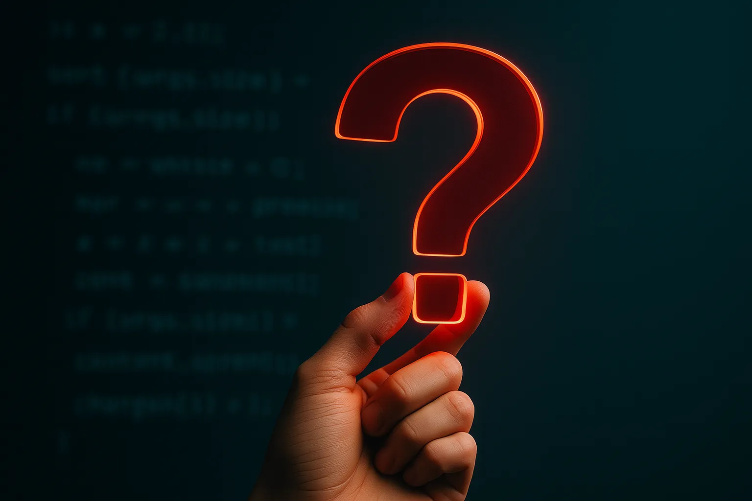 Hand holding illuminated question mark symbol against dark background, symbolising the importance of human strategic questioning in AI era