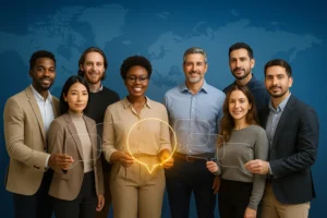 Diverse group of professionals holding clear speech bubbles forming a glowing golden ring against blue world map backdrop.