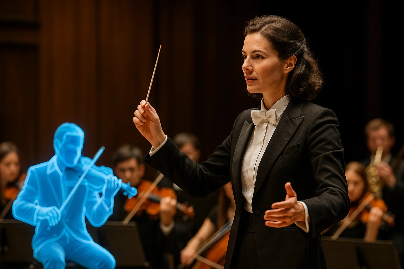 Female conductor directing orchestra with holographic musician, illustrating human leadership in AI-amplified strategic communication processes