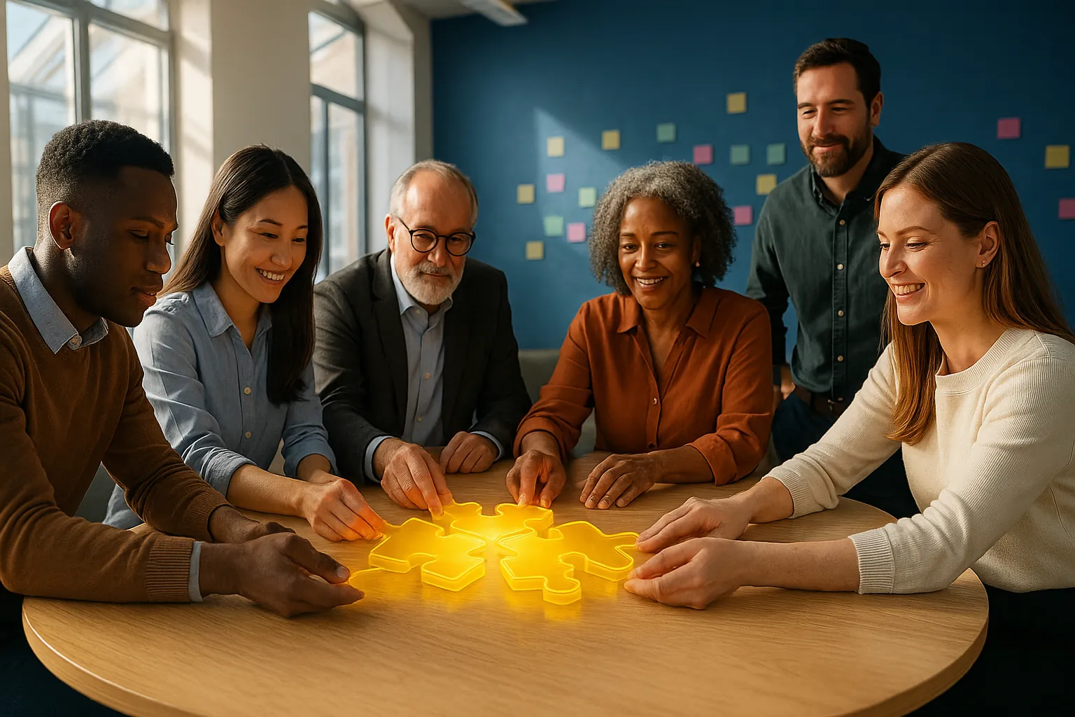 Diverse team assembling glowing puzzle pieces symbolising shared creation.