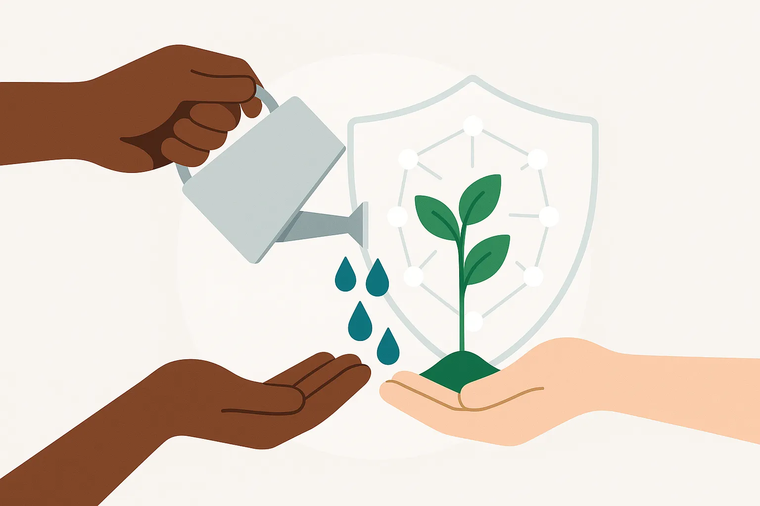 Two hands of different skin tones watering a green sprout inside a network shield, illustrating trust and growth.