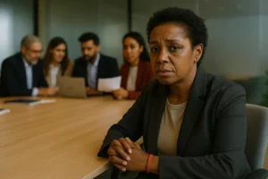 woman in a meeting with a sad expression because she is not being listened