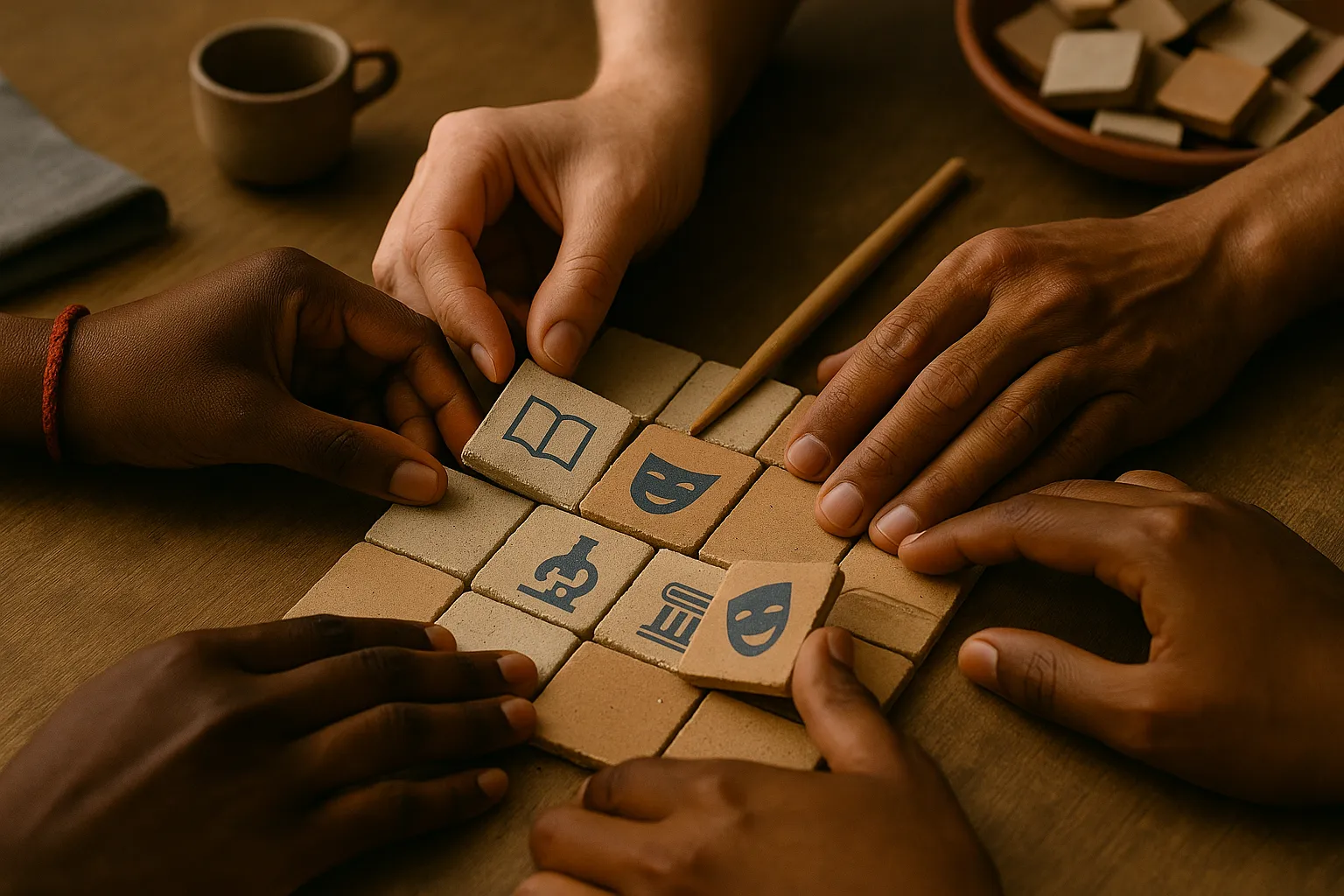 Five diverse hands align ceramic tiles with simple icons—a book, theatre mask and microscope—showing cooperation on a shared cultural project.