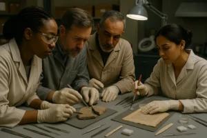 Diverse conservators in a European museum lab restoring ceramic fragments and a parchment, symbolising EU–Africa cultural cooperation.