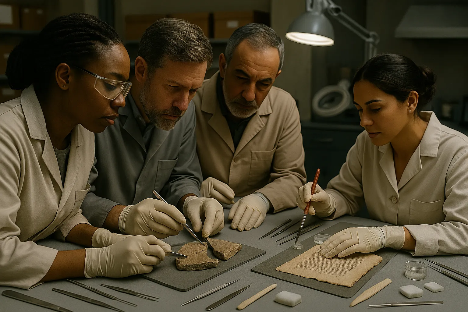 Diverse conservators in a European museum lab restoring ceramic fragments and a parchment, symbolising EU–Africa cultural cooperation.