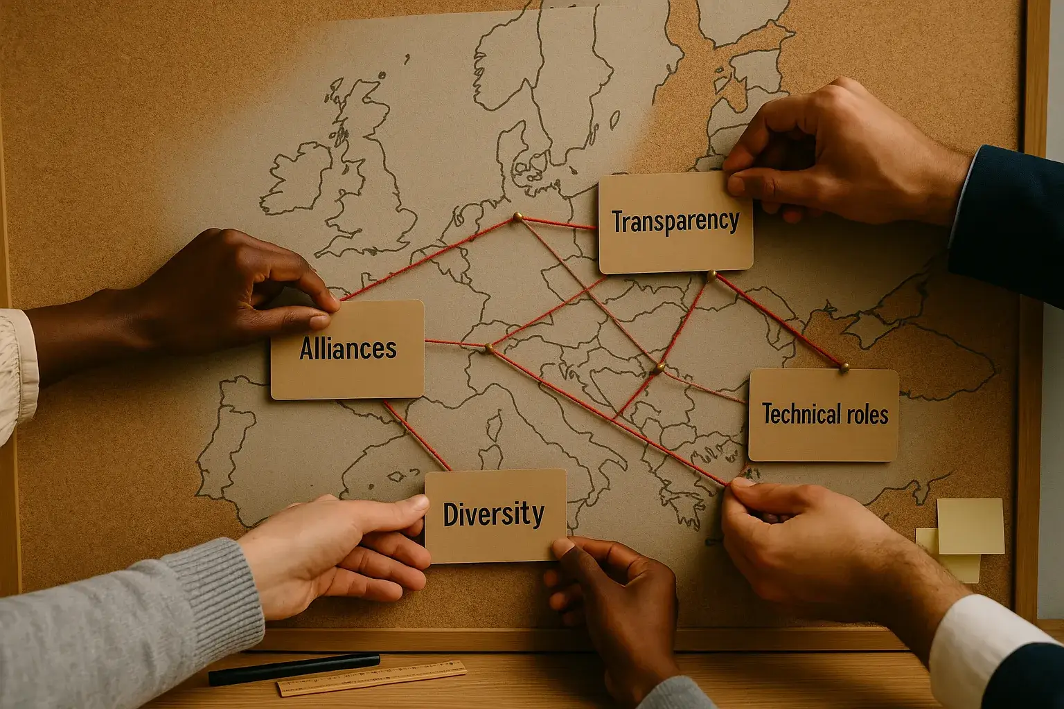 Strategy board with a hand-drawn map of Europe, red threads and cards labelled ‘Transparency’, ‘Alliances’, ‘Diversity’ and ‘Technical roles’.