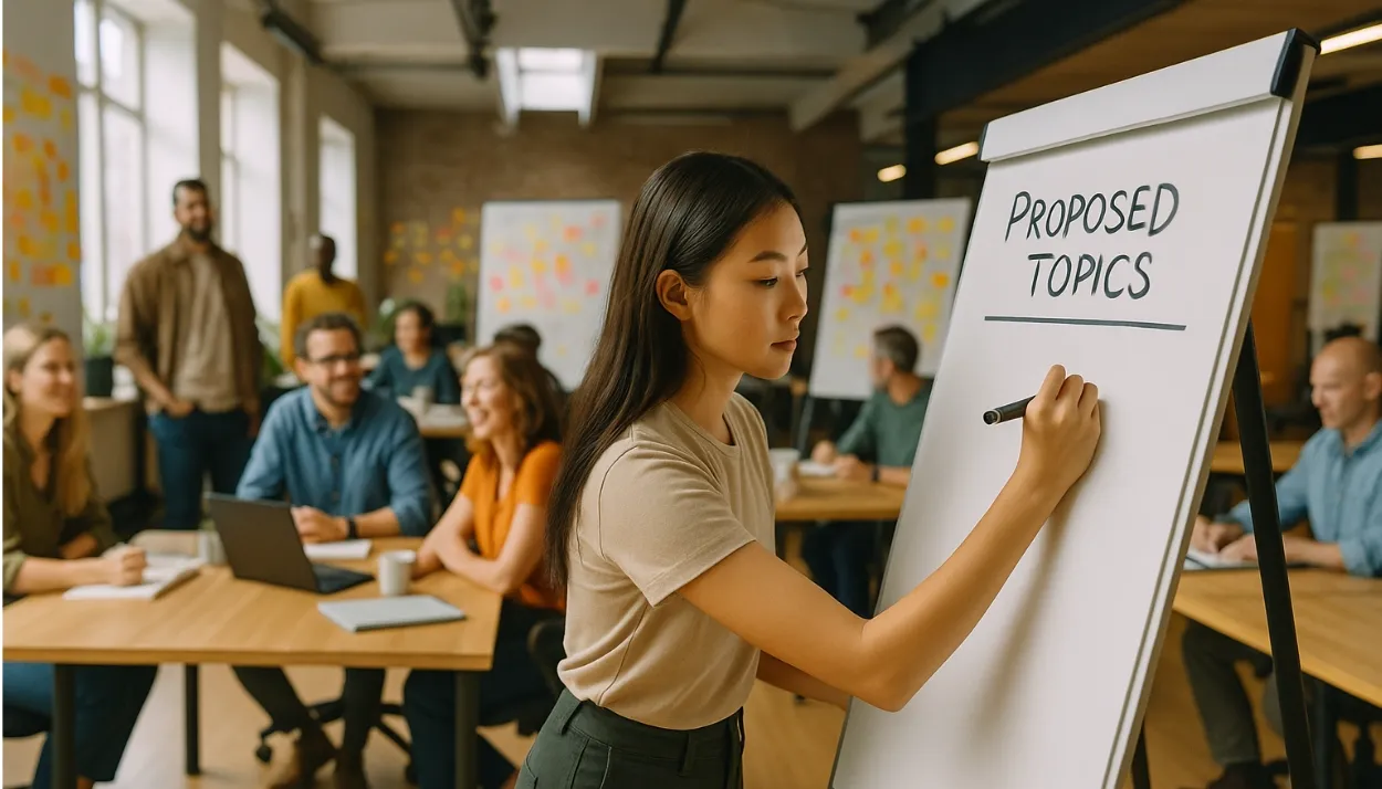 Asian woman writes “Proposed Topics” on a flip chart in a large open workshop; multiple groups discuss around sticky-note boards.