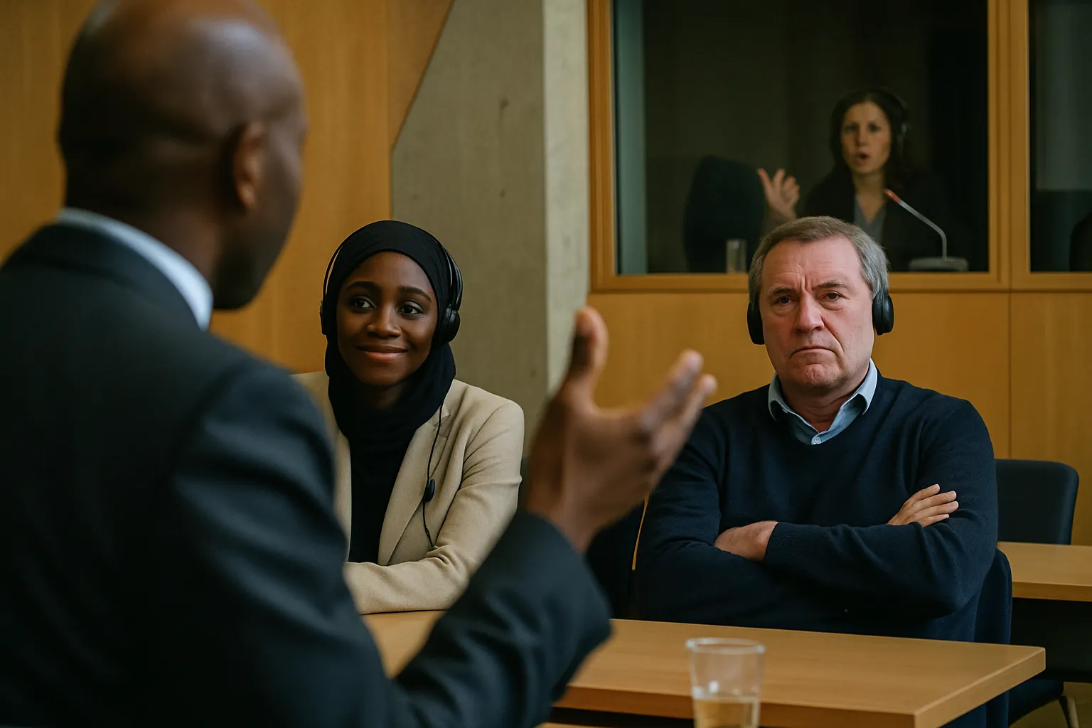 Intercultural conference: a speaker gestures in the foreground while two attendees with headsets react differently; an interpreter works behind glass.
