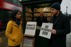 Rainy London newsstand: a South Asian woman and a white man face contrasting front pages — ‘Community-led recovery’ and ‘Aid dependency row’ — as a red bus blurs by.