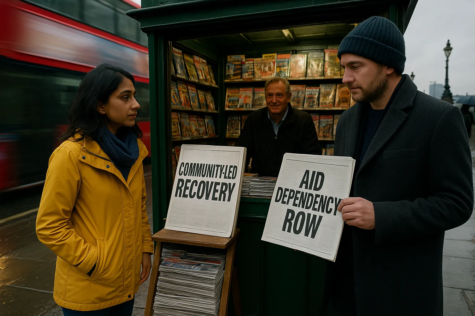 Rainy London newsstand: a South Asian woman and a white man face contrasting front pages — ‘Community-led recovery’ and ‘Aid dependency row’ — as a red bus blurs by.