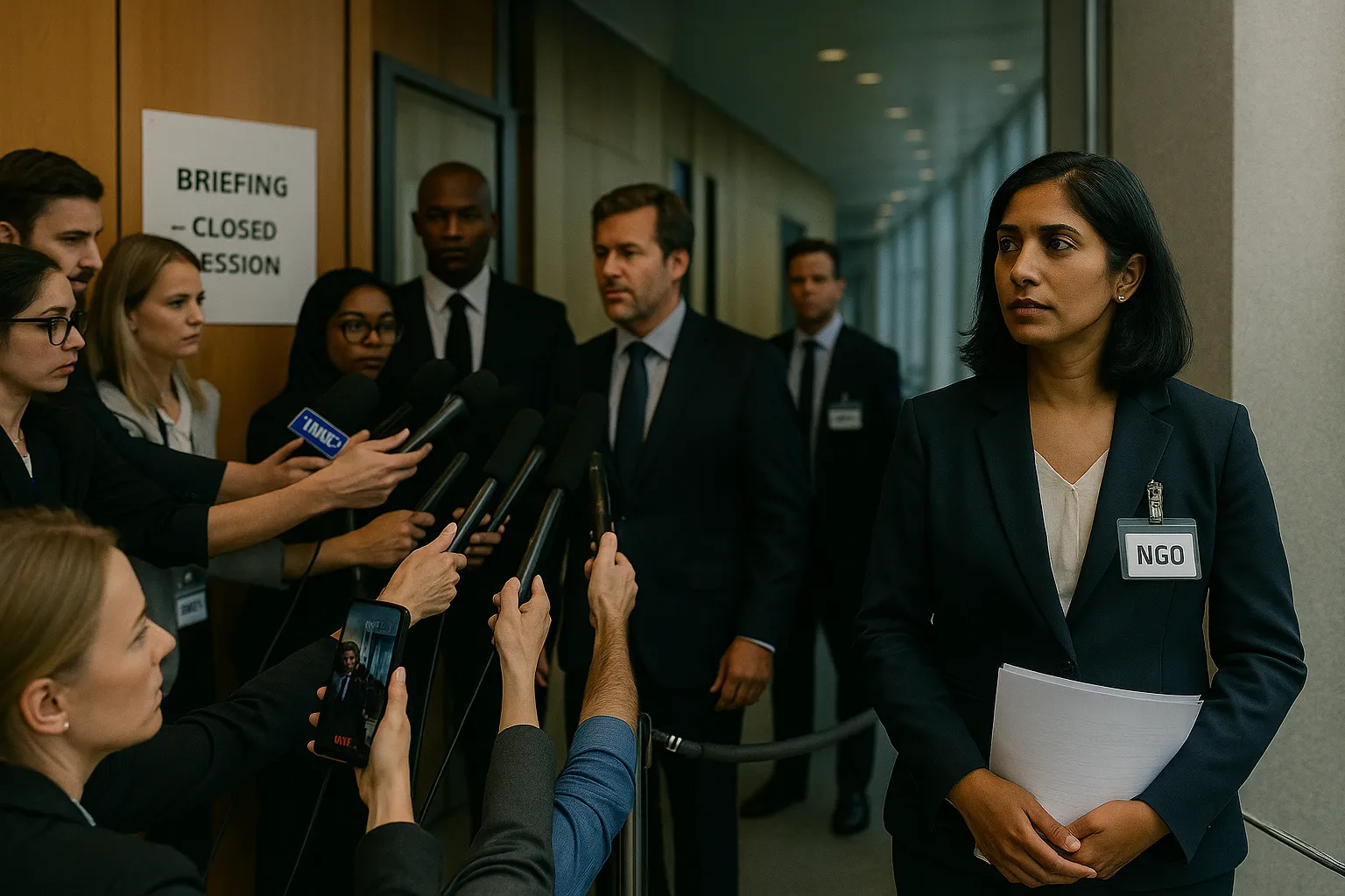 Press scrum in a European corridor points microphones at an official, while a woman with an ‘NGO’ badge stands to the side, largely ignored.