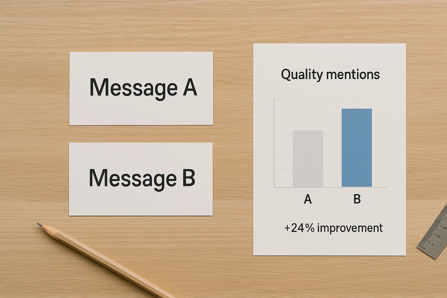 Two cards: “Message A” and “Message B”, alongside a bar chart showing improvement; neutral table scene.