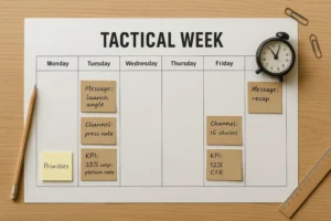 Weekly calendar with “Message”, “Channel” and “KPI” cards placed on each day; clean and documentary view.