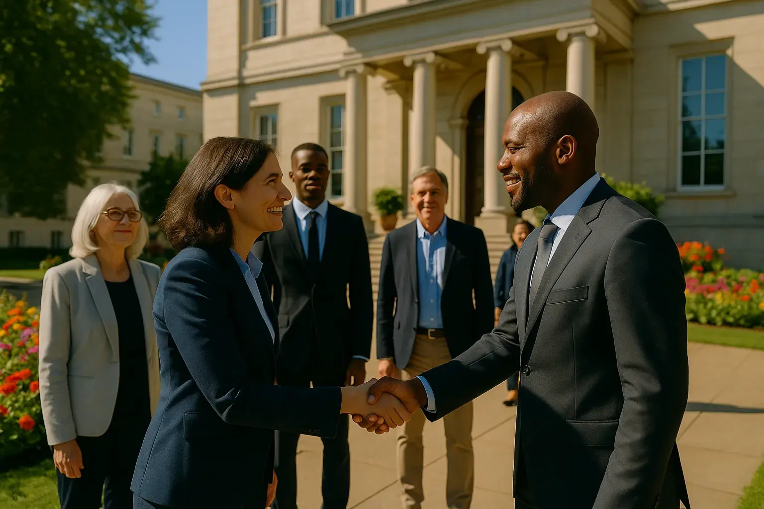 Outside a European institutional building on a bright day, two representatives share a measured handshake as a small, diverse team looks on among flowers.