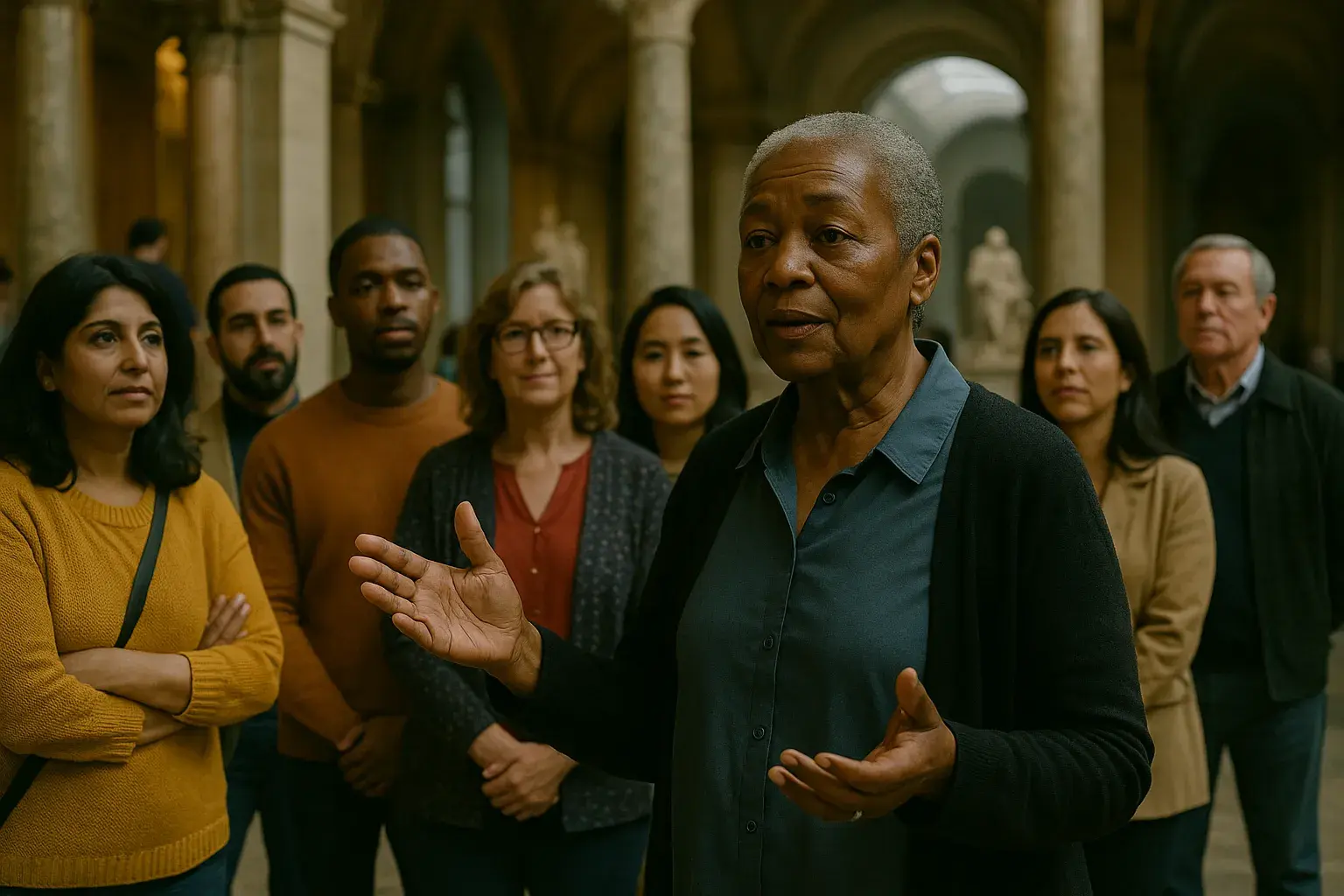In a classical museum hall, a diverse group leans in to listen to an older Black woman speaking, with columns and a sculpture softly blurred behind.