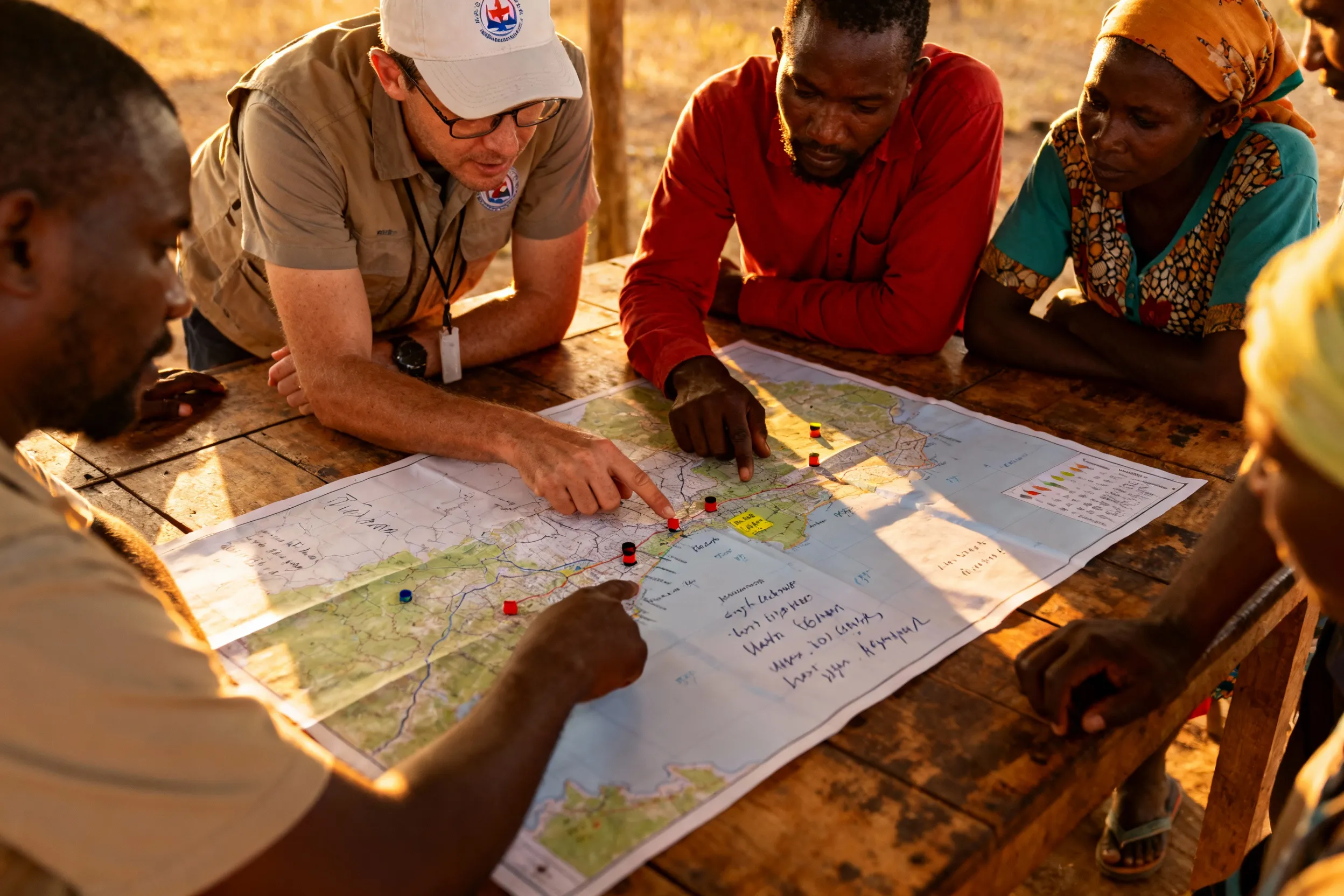 Field team collaborating with local community on social impact measurement using participatory evaluation methods in rural development project