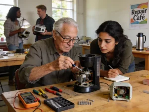 Elderly volunteer teaching young woman to repair coffee maker at Repair Café community event demonstrating circular economy through local action