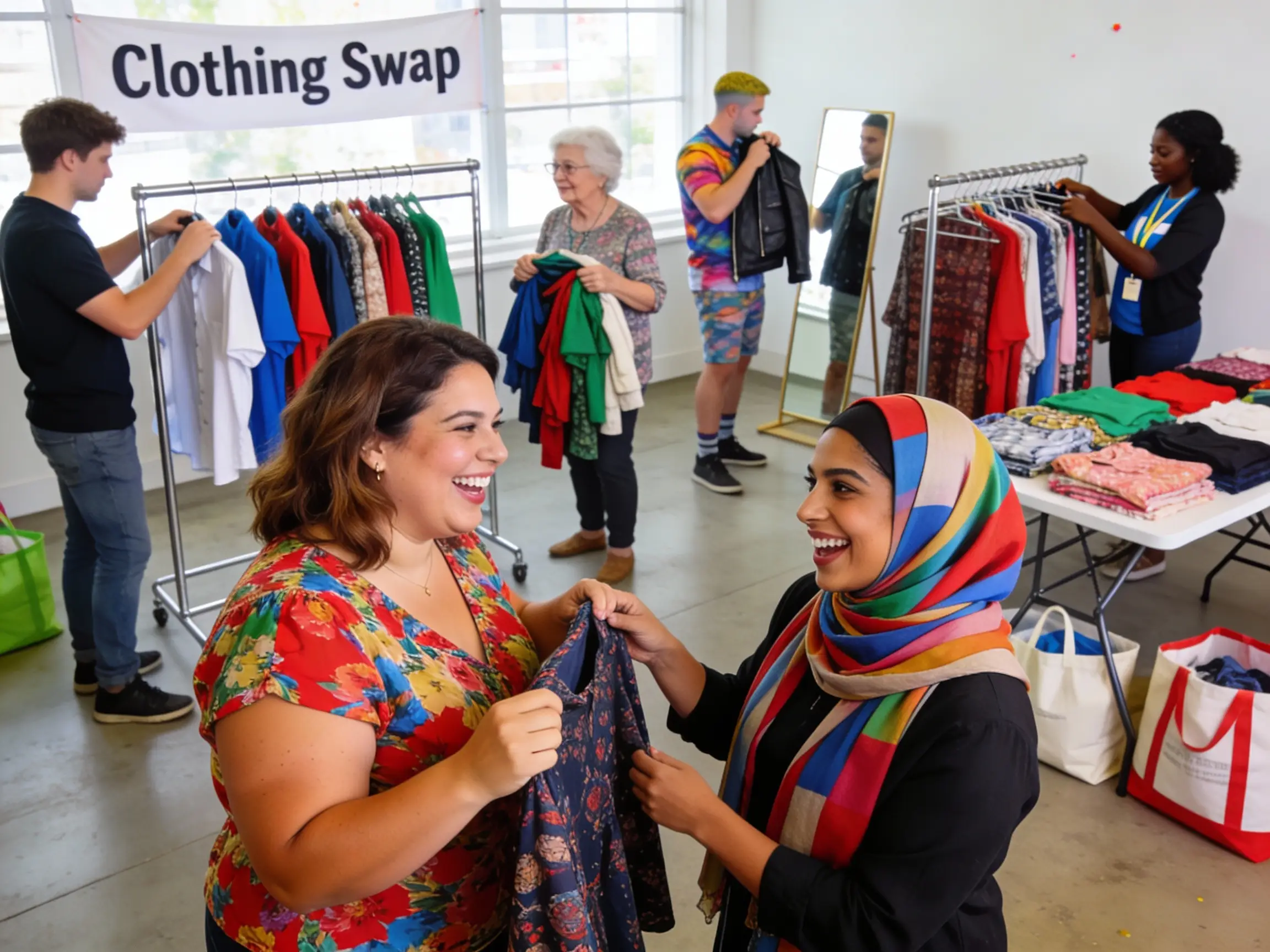 Diverse community members exchanging clothes at local swap event showing circular economy in fashion with tangible benefits