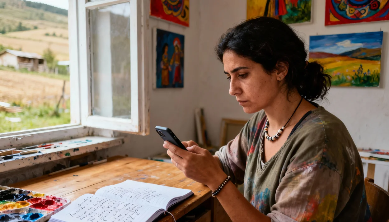 Independent artist from peripheral area accessing cultural call on mobile showing digital barriers in Creative Europe programmes
