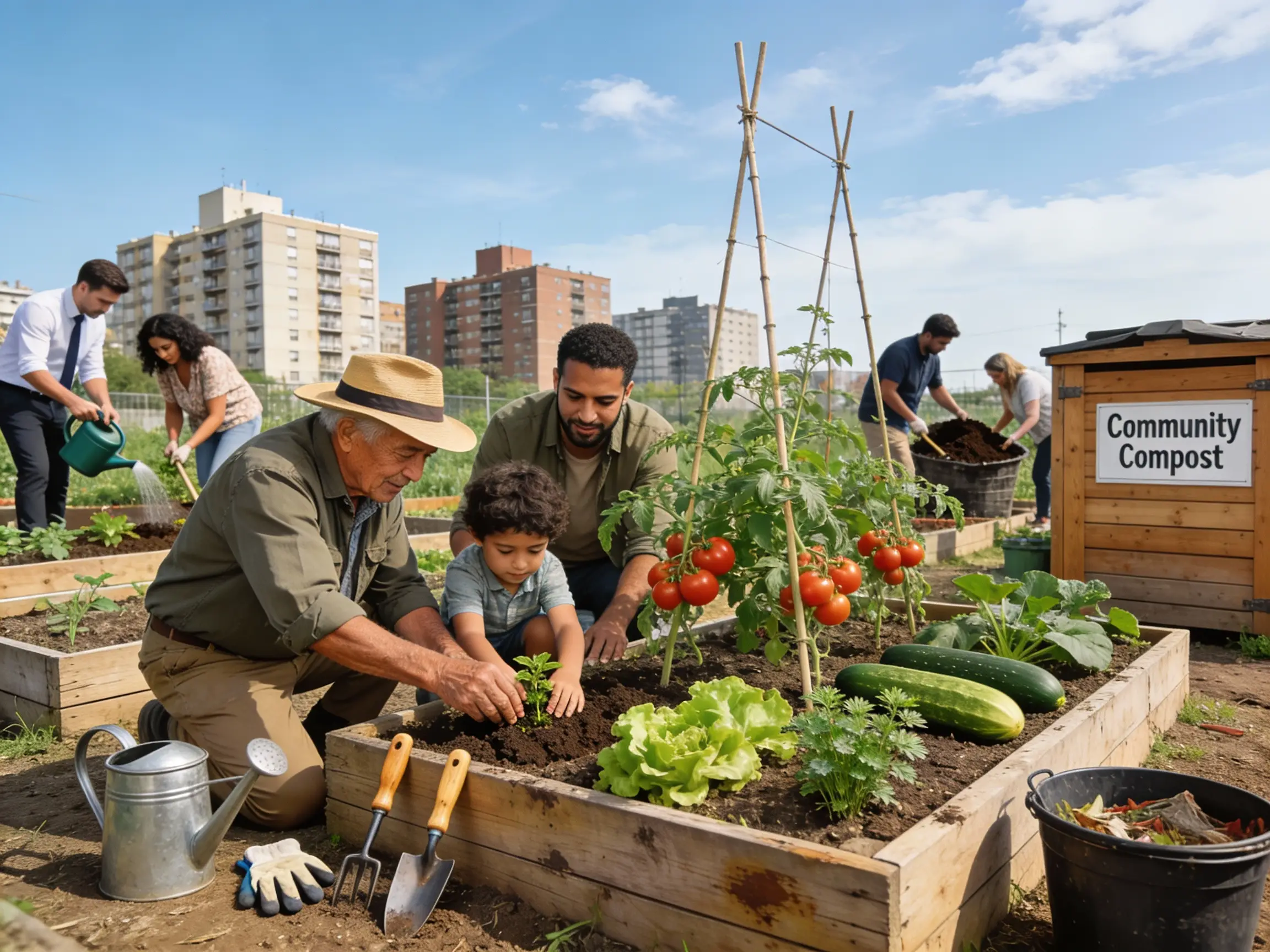 Intergenerational community working in urban garden with composting system demonstrating circular economy in food production