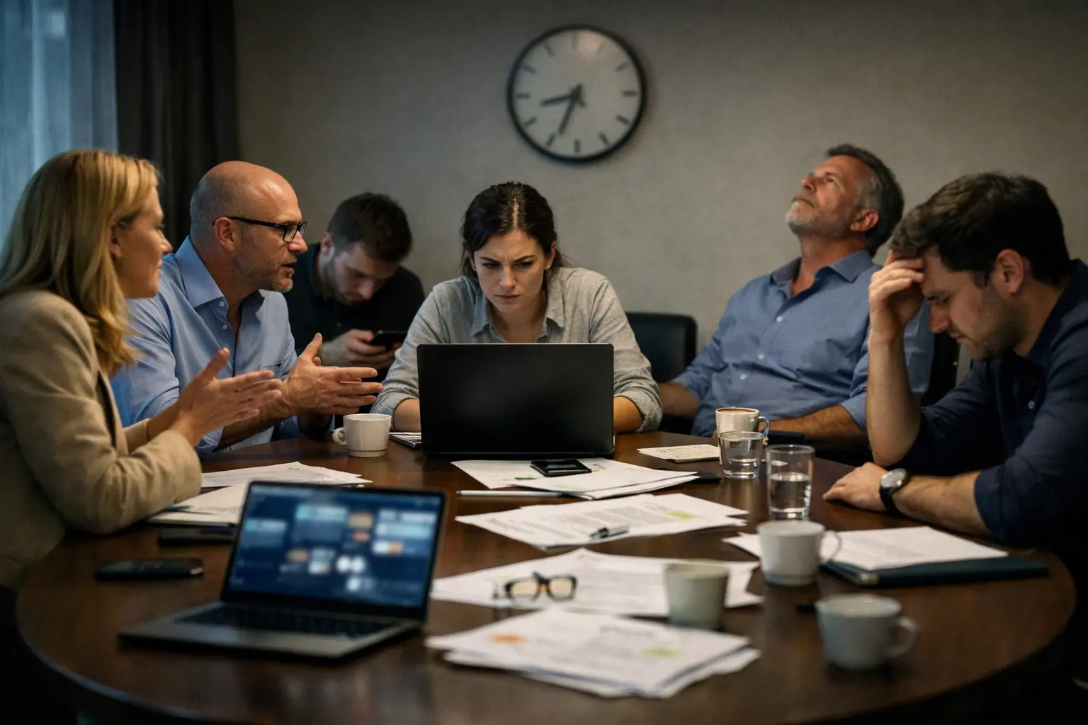 Team in a long corporate meeting showing decision paralysis, with overlapping discussions, fatigue and lack of clear leadership
