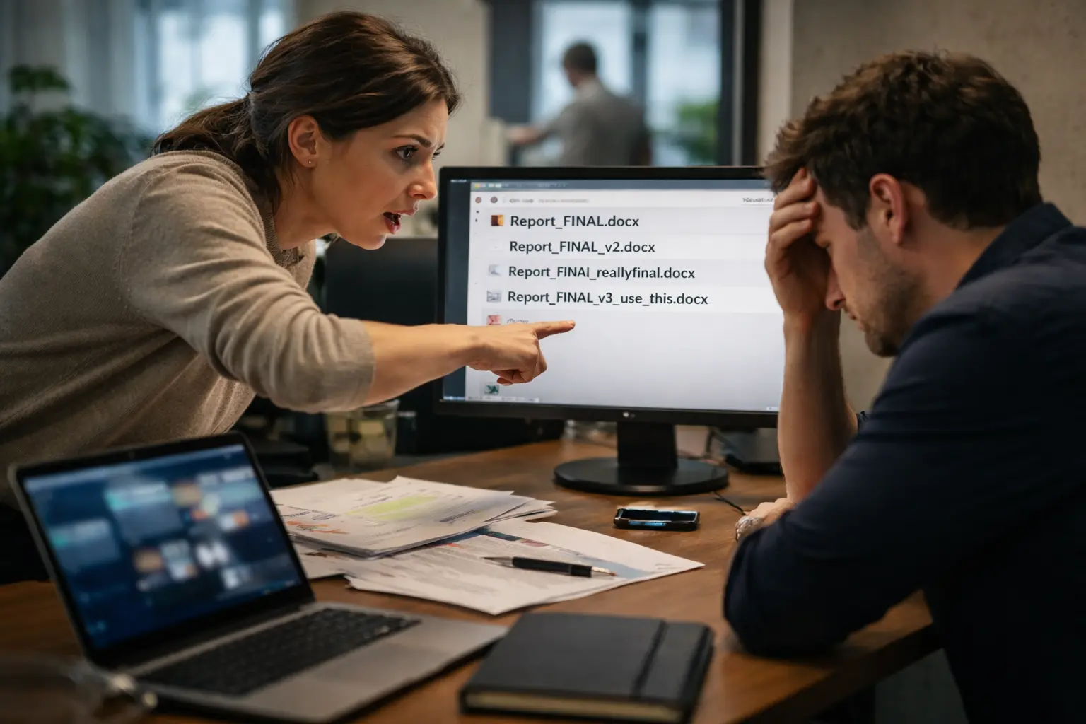 Two colleagues realising they are working on different document versions, highlighting version control and coordination issues