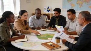 Diverse South-South cooperation team sharing knowledge in a roundtable workshop, building international trust through practical collaboration