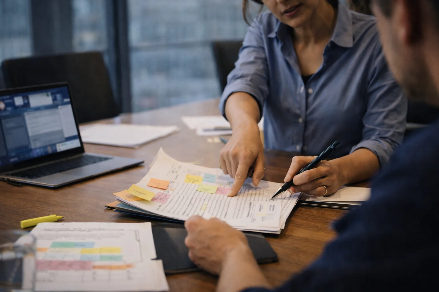 Colleagues reviewing a proposal as one person points to key areas and provides constructive guidance instead of a blunt no