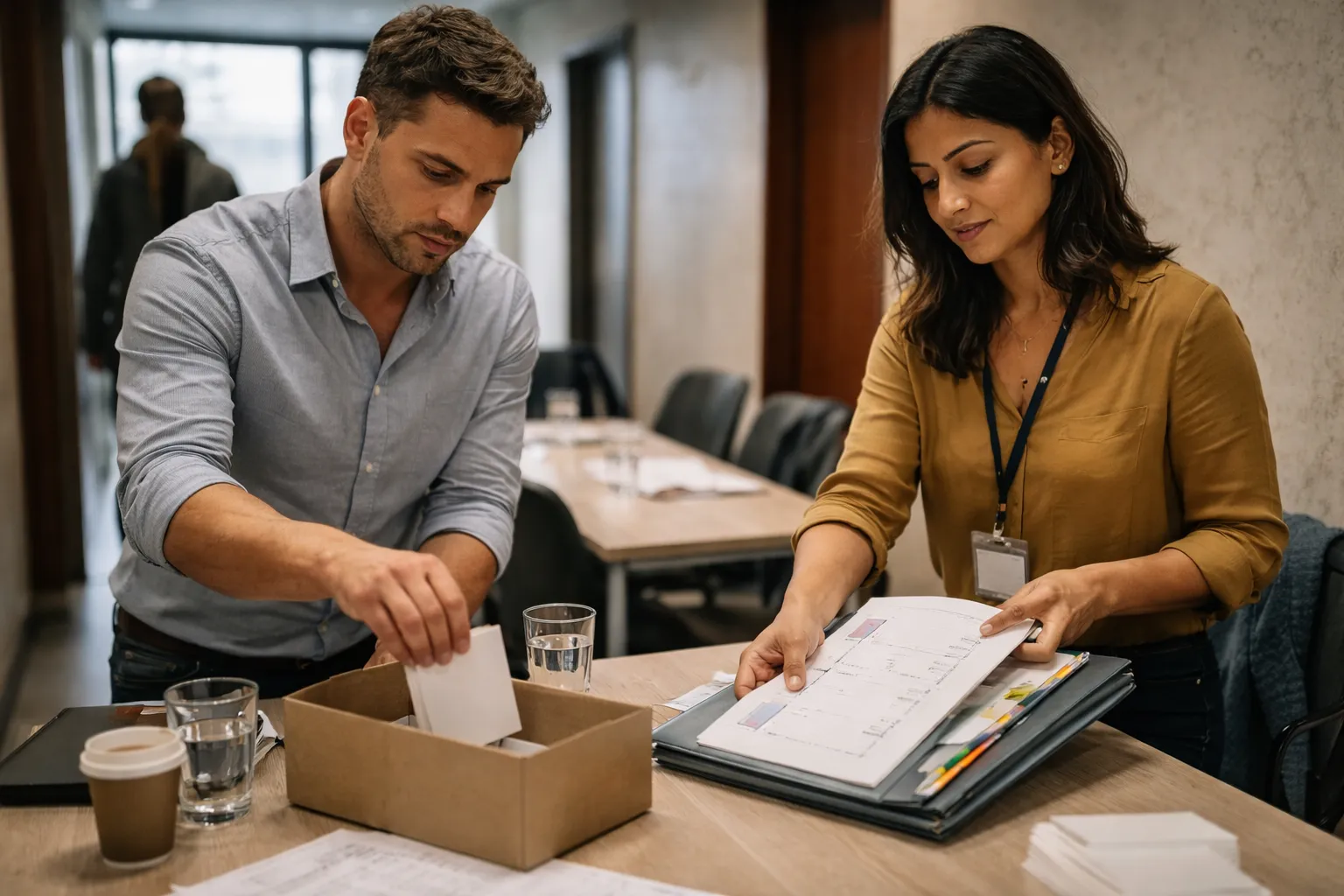 Two colleagues collecting feedback cards and filing a checklist after a session, documenting outcomes and decisions as evidence