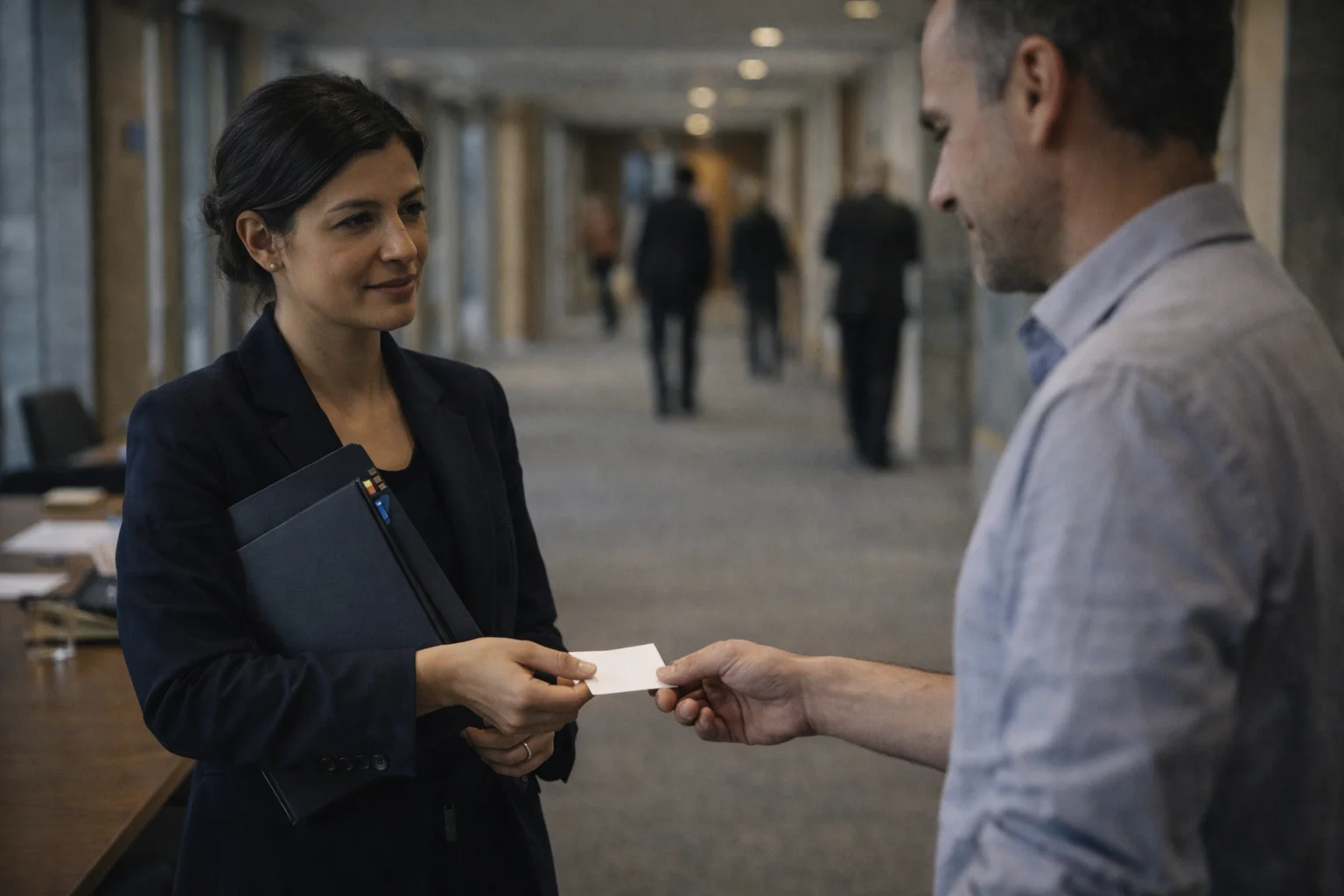 Two professionals in an institutional corridor exchanging a card after a difficult conversation, showing a refusal with an alternative path