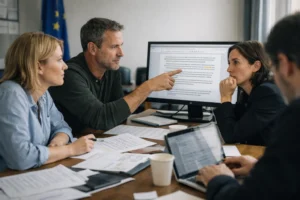 Communications team reviewing content together as part of an AI editorial policy and responsible governance process in public communication.