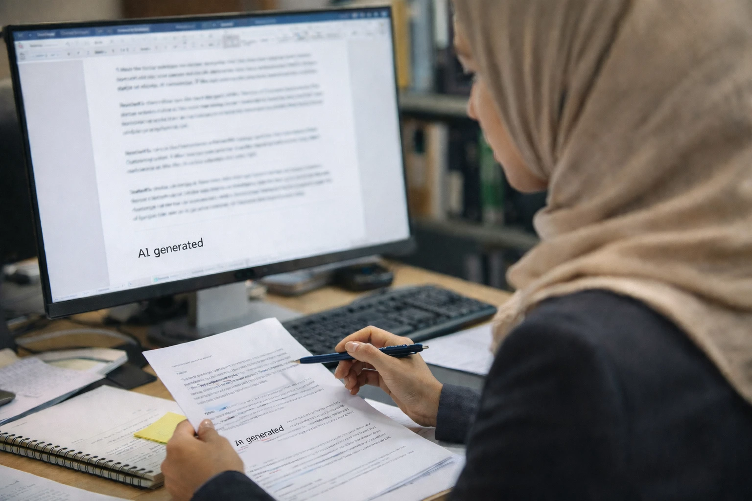 Editor reviewing a public-facing document with an AI generated disclosure, representing transparency and responsible AI use in public communication.