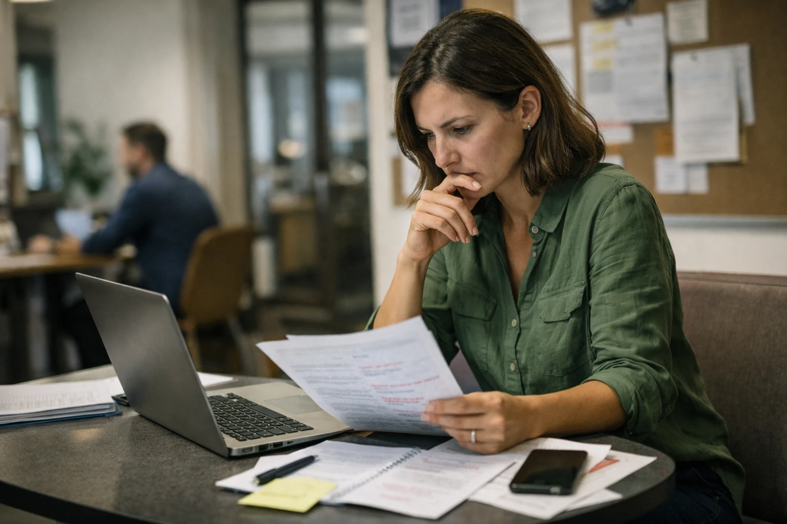 Communications professional reviewing AI-assisted content without clear editorial rules, showing the governance risk of using AI in organisational communication.