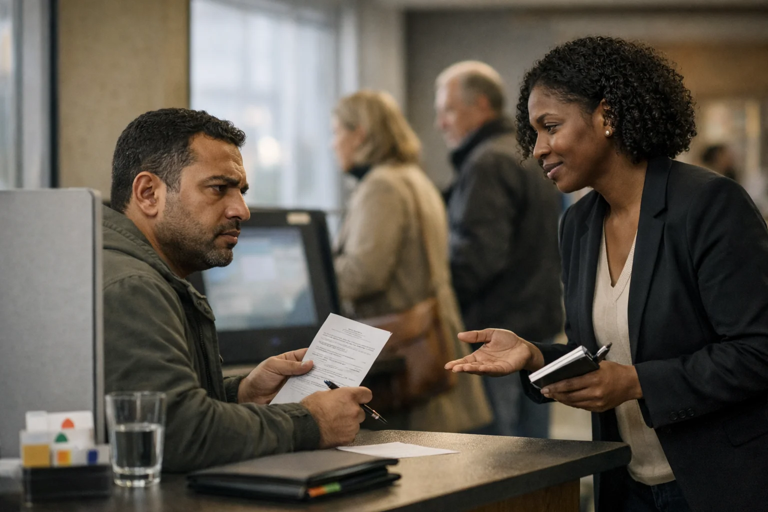A citizen seeking help at a public service desk while a communications professional listens and takes notes, illustrating applied research to improve institutional decisions