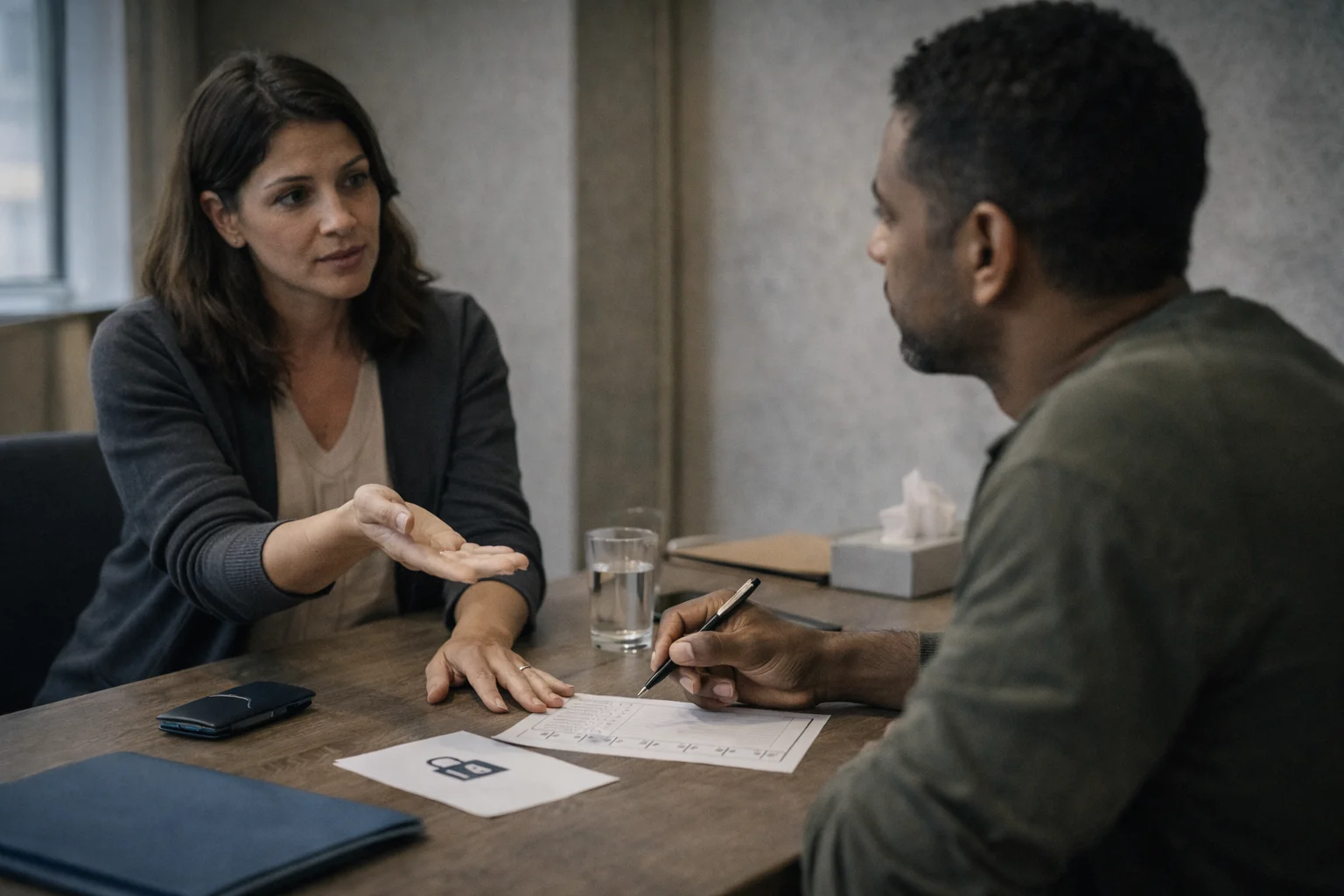 A researcher and participant discussing consent before signing a form, highlighting ethical care and non-harm in applied institutional research