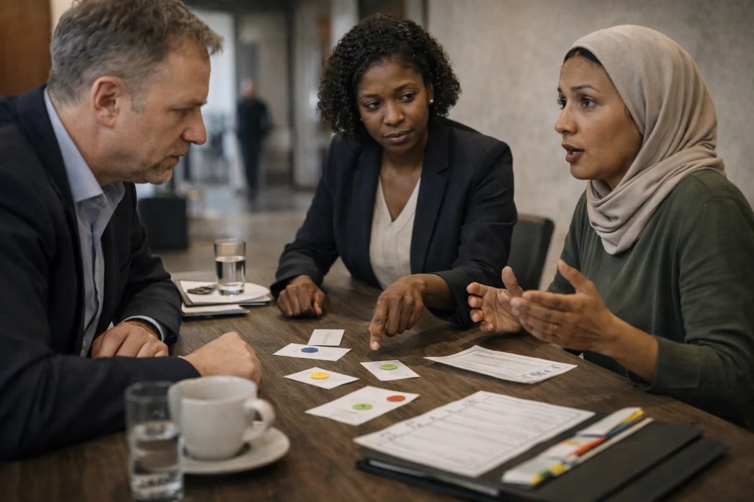 Three professionals reviewing anonymised evidence and stakeholder input during a meeting to support evidence-based institutional decisions