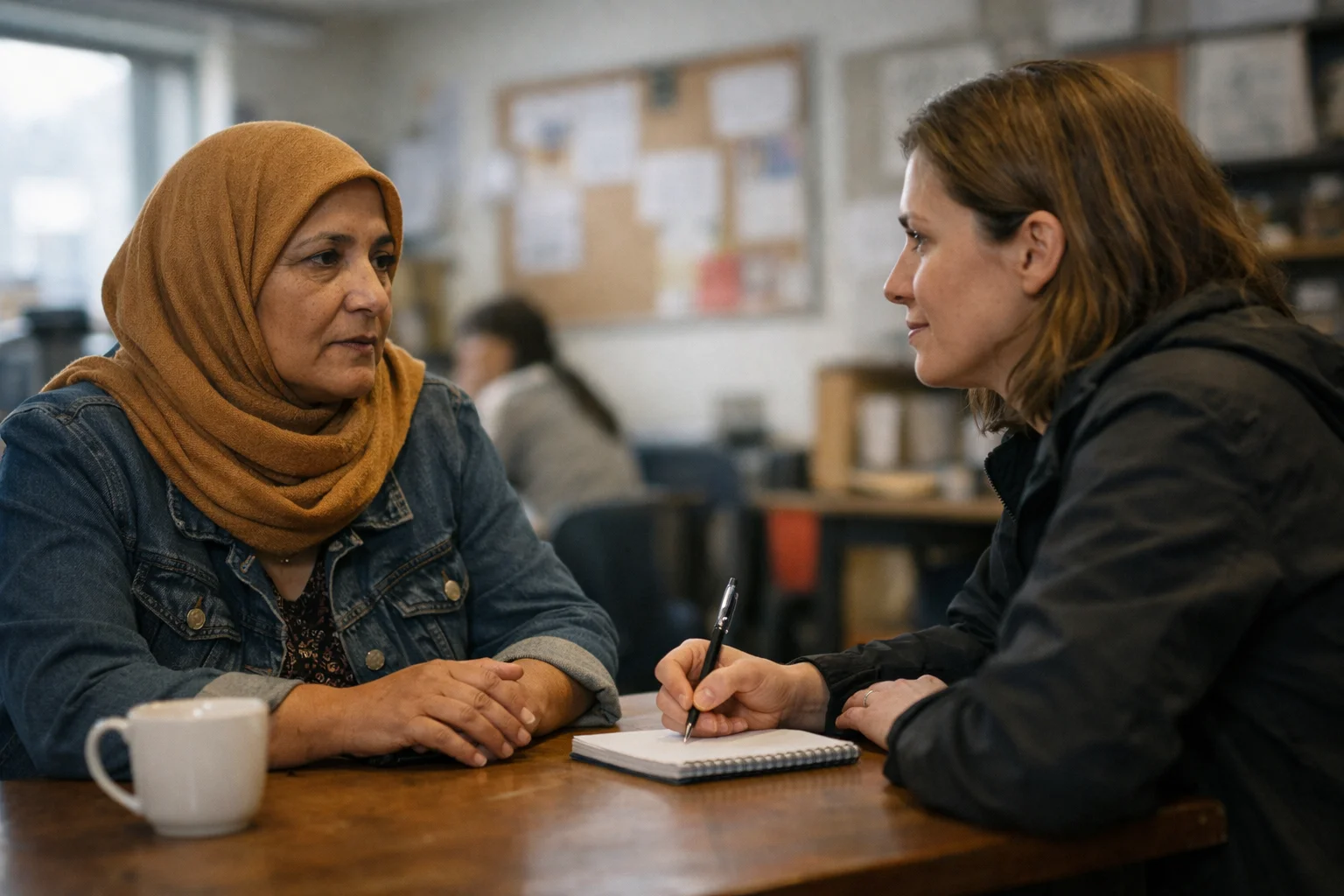 Woman sharing her story with a communications professional in a community space, representing ethical testimonials, informed consent and dignity in storytelling.